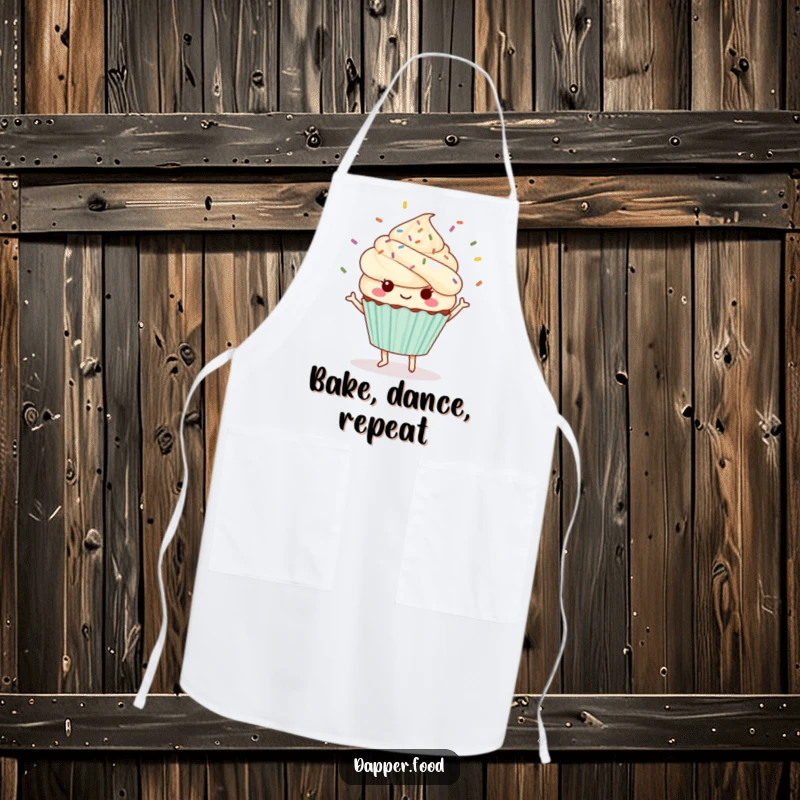 Funny Kawaii cupcake apron depicting a cute character dancing with sprinkles flying while cooking.