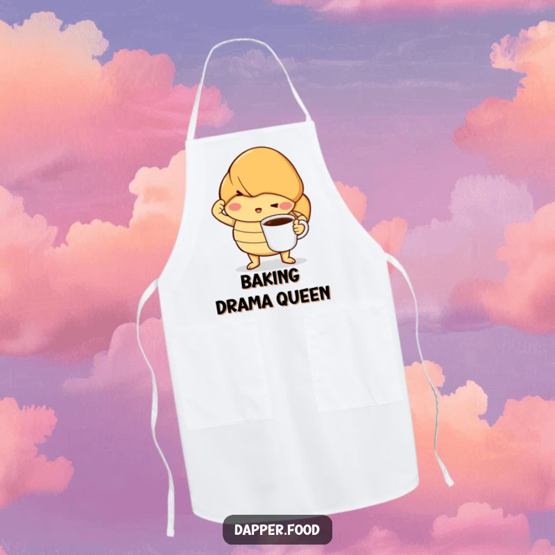 Funny apron featuring a determined croissant striking a dramatic pose with a tiny coffee cup, perfect for adding humor to cooking.