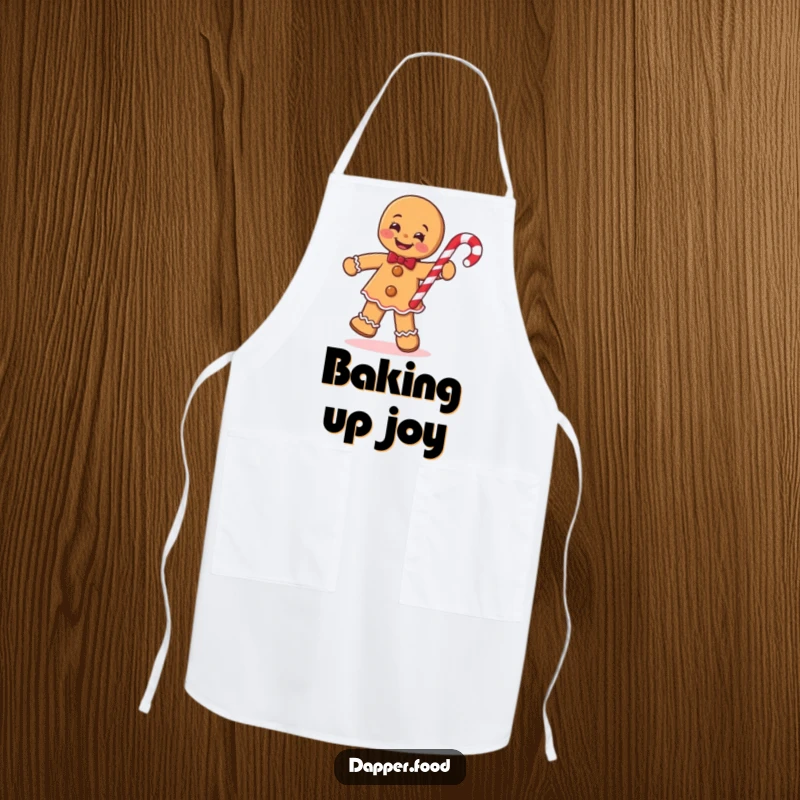 Funny Gingerbread Man Apron, smiling and jigging with a candy cane, bringing humorous festive spirit to the kitchen.