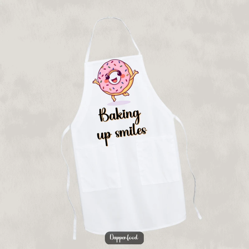 Funny Donut Apron, grinning with sprinkles, cartwheeling with glee, bringing humorous sweet spirit to the kitchen.