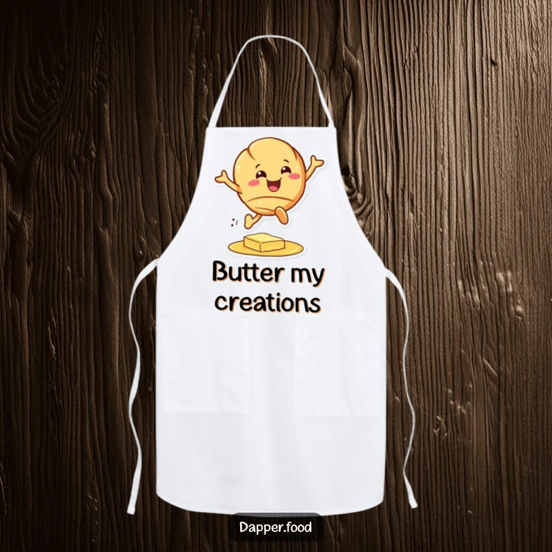 Funny croissant apron, a cheerful baker's pastry character leaping over butter, perfect for a funny kitchen gift.