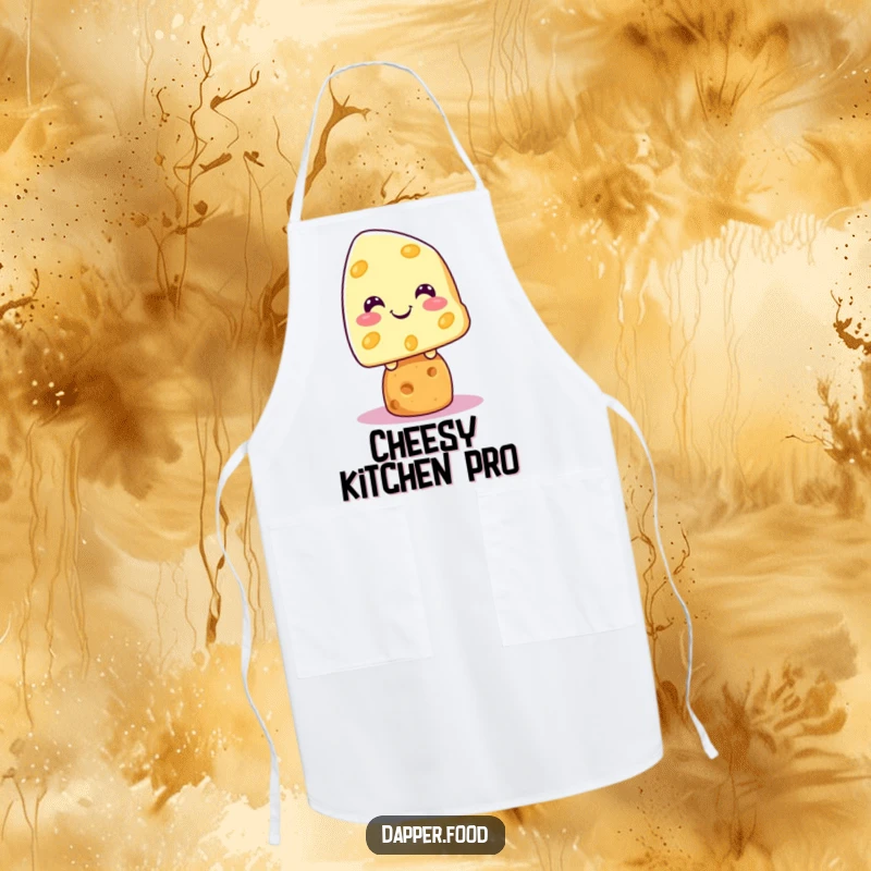 Funny Kawaii cheese character grinning on a cracker, printed on a kitchen apron, ready for cooking.