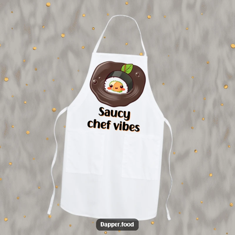 Funny Kawaii sushi apron depicting a cute sushi roll character happily swimming in a soy sauce puddle while cooking.