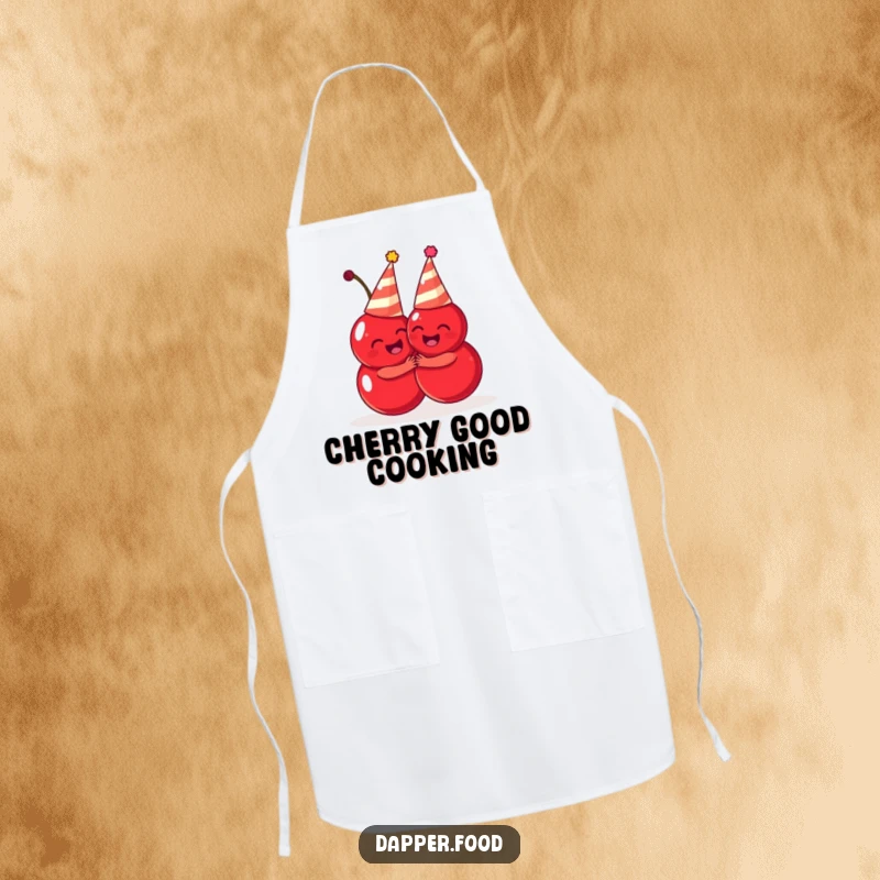 Funny cherries apron, cute fruit characters in party hats hugging, perfect for a funny kitchen gift.