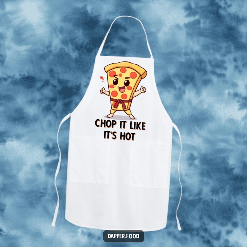 Funny Kawaii pizza slice character performing a karate chop, printed on a kitchen apron.