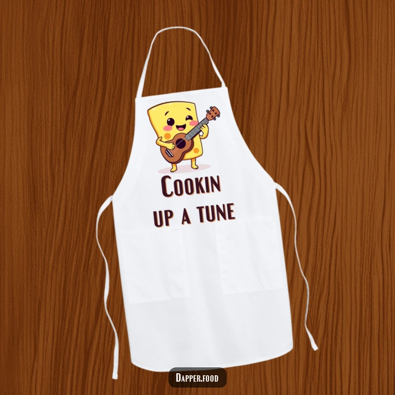 Funny Cheese Ukulele Apron: A smiling cheese slice playing a miniature ukulele, bringing musical humor to the kitchen and making a funny gift.