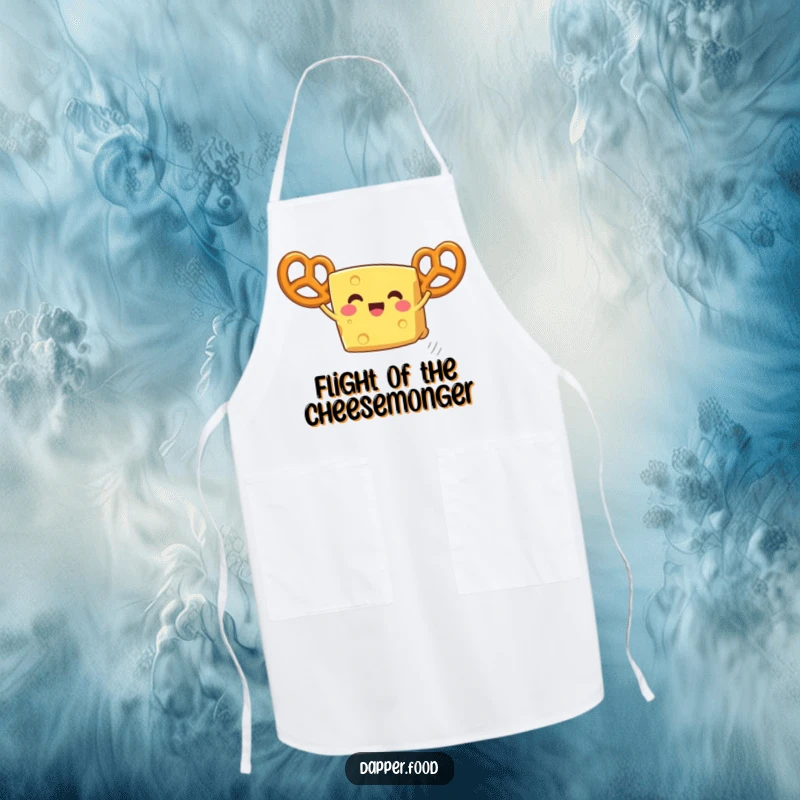 Funny cheese apron, a delighted wedge attempting flight with pretzel wings, ready to whip up some laughs.
