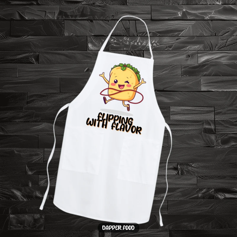 Funny taco character jumping rope with salsa on a functional apron, perfect for humorous kitchen activities.