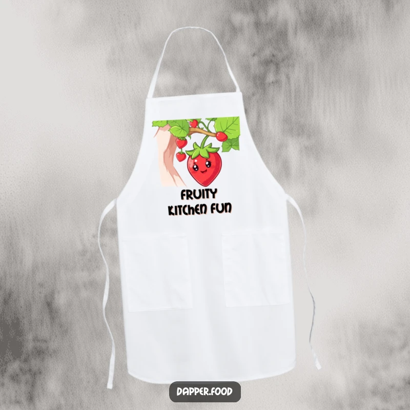 Funny strawberry apron featuring a smiling character swinging from a vine, perfect for joyful cooking and baking.