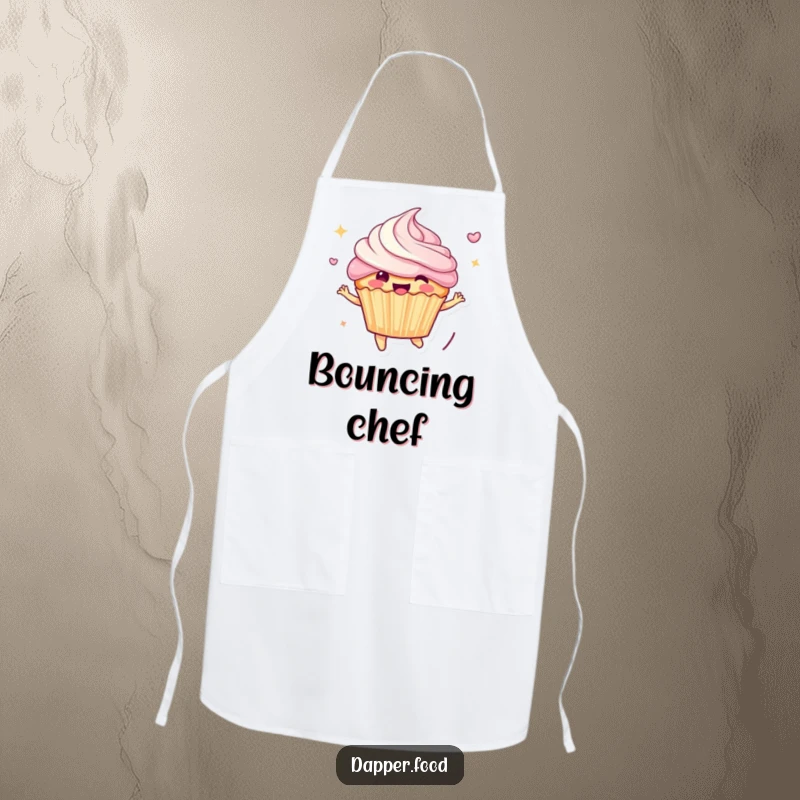 Funny Apron: Cheerful anthropomorphic cupcake character bounces with frosting flying, a delightful and humorous kitchen accessory for baking enthusiasts.