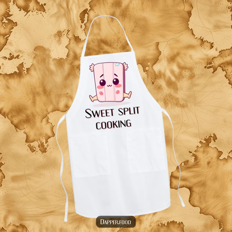 Funny Apron: An anthropomorphic candy bar character attempts a surprise split, looking amazed, a humorous and practical kitchen accessory.