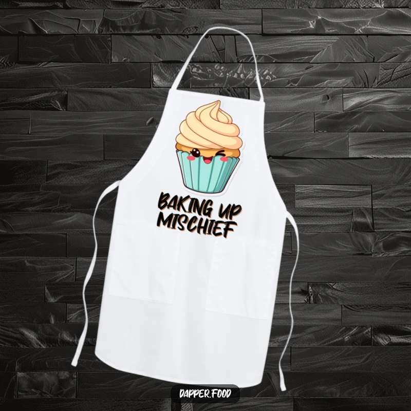 Funny apron featuring a cheeky cupcake with tilted frosting, winking, ideal for a humorous cooking experience.