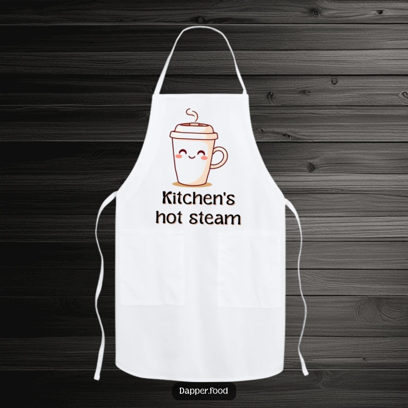 Funny coffee cup apron featuring a character joyfully spilling steam, perfect for cheerful cooking and brewing.