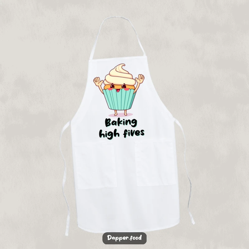 Funny Apron featuring a giggling cupcake character giving a giant high-five with its tiny arms, for baking.