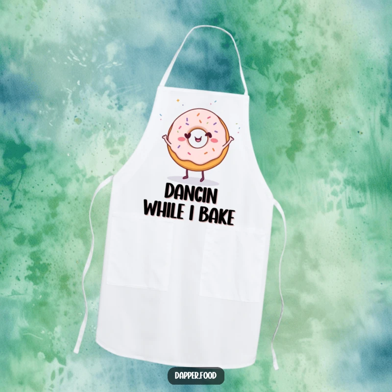 Funny Donut Dance Apron: A happy donut character dancing with sprinkles, bringing sweet humor to the kitchen and making a funny gift.