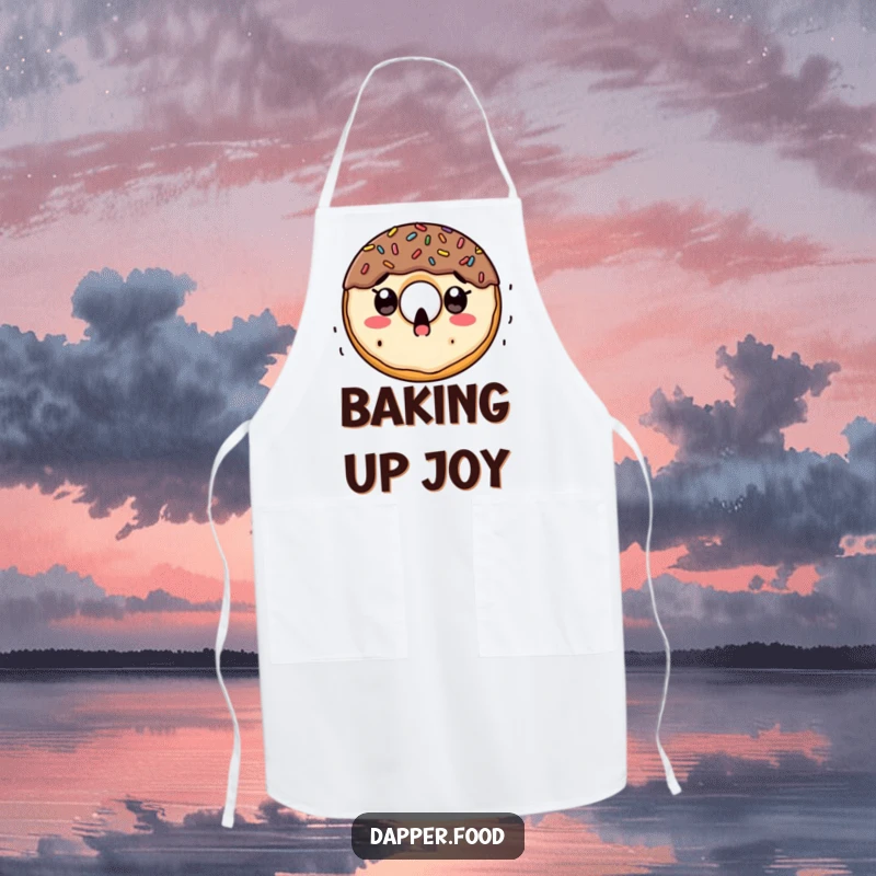 Funny apron showing a surprised doughnut character with wide eyes as colorful sprinkles rain down, ready for baking fun.