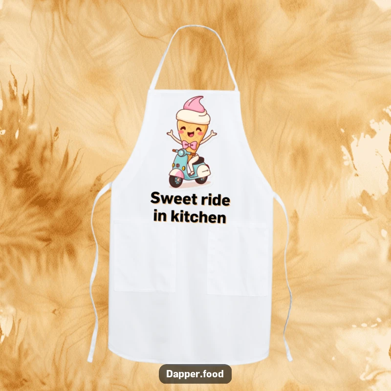 Funny apron showing a happy ice cream cone character with arms and a bow, comically riding a scooter, perfect for kitchen use.