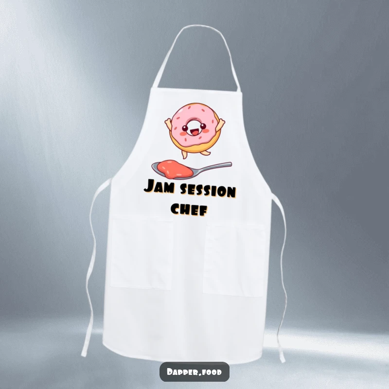 Funny Kawaii donut character joyfully leaping over a spoonful of jam, a humorous apron for baking and cooking.
