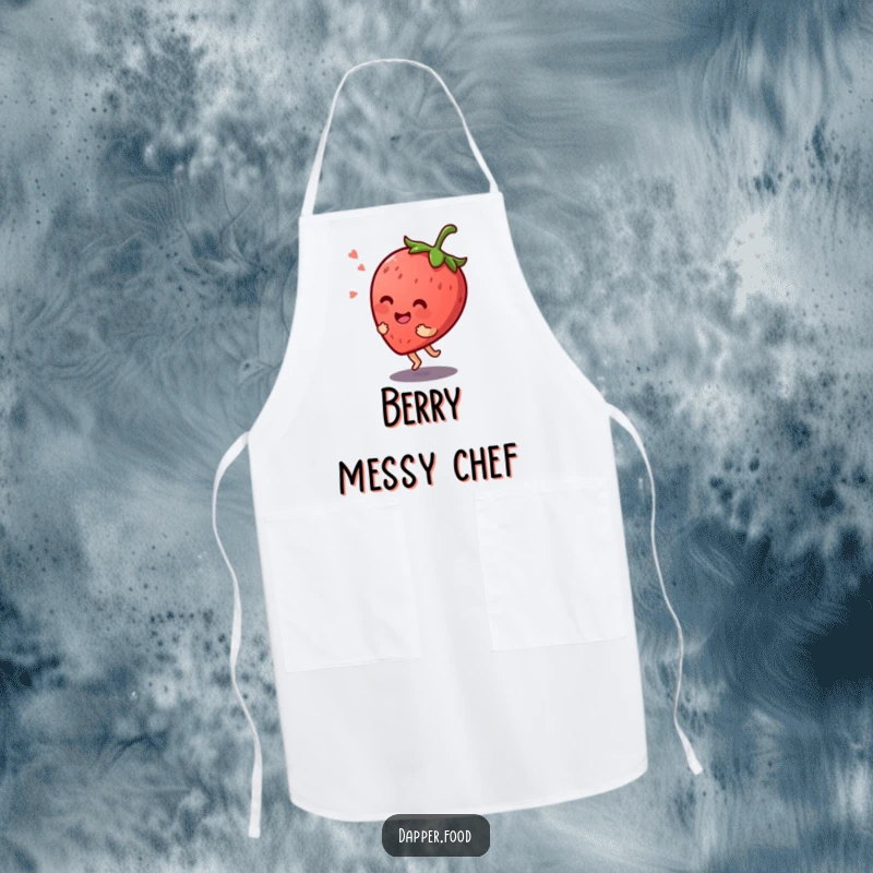 Funny Kawaii strawberry character giggling while bouncing on its stem, printed on a kitchen apron.