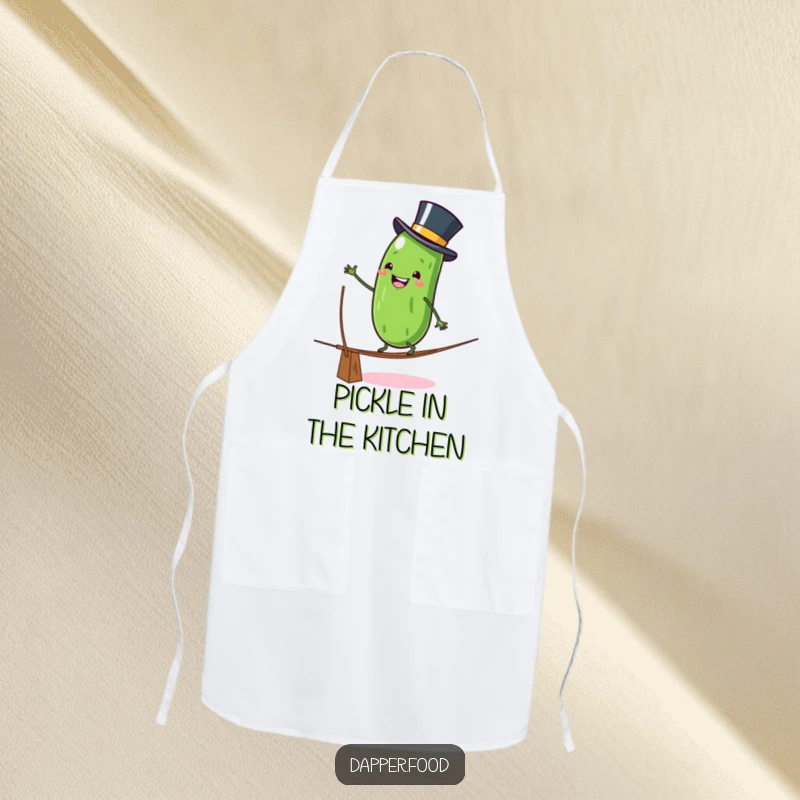 Funny Apron: A grinning anthropomorphic pickle character in a top hat attempts a wobbly tightrope walk, a humorous and practical kitchen accessory.