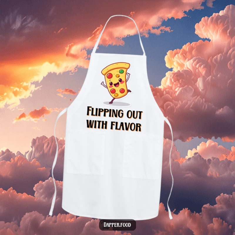 Funny apron showing a happy pizza character doing a cartwheel with wobbling toppings, ideal for adding humor to cooking.