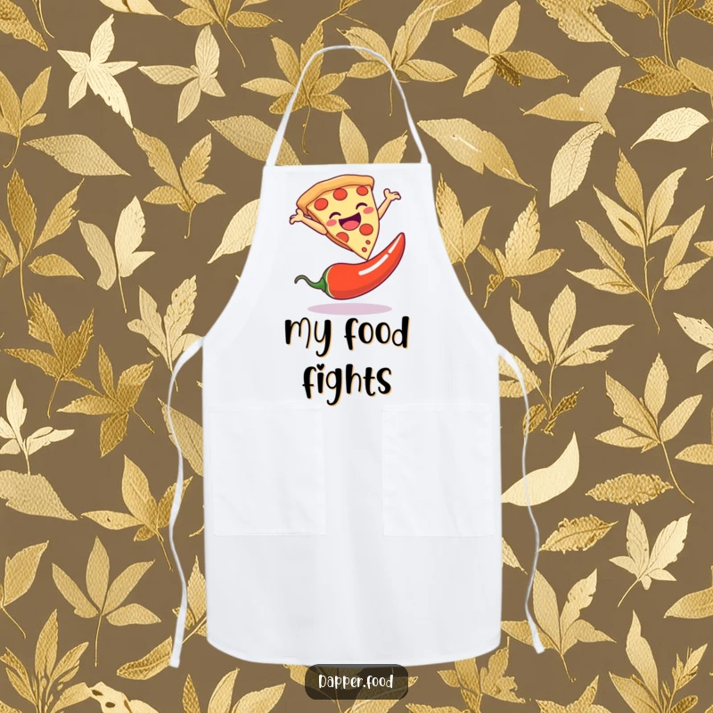 Funny apron showing a pizza slice dramatically leaping over a chili pepper, ideal for kitchen fun and protection.