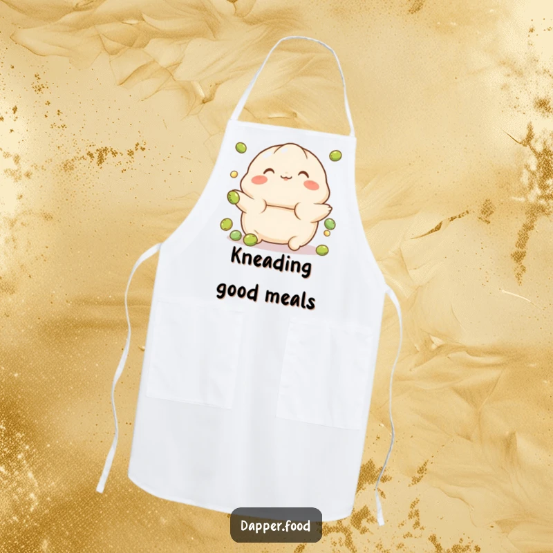 Funny apron with a playful, rosy-cheeked dumpling character juggling small peas, perfect for humorous kitchen wear.