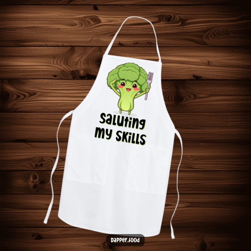 Funny apron featuring a proud broccoli floret character with arms, saluting with a tiny fork, for kitchen fun.