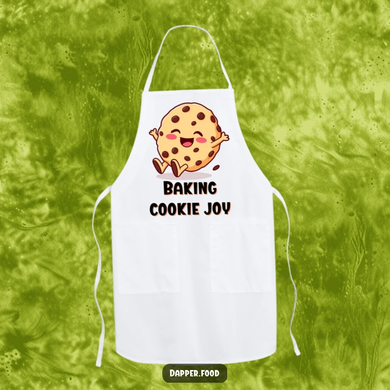 Funny apron showcasing a giggling cookie character with chocolate chips rolling downhill with glee. Ideal for humorous baking sessions.