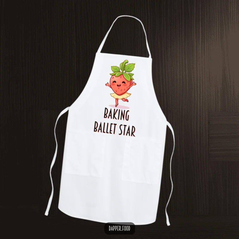 Funny strawberry character doing a ballet twirl with its leaves on an apron, adding humor to cooking.