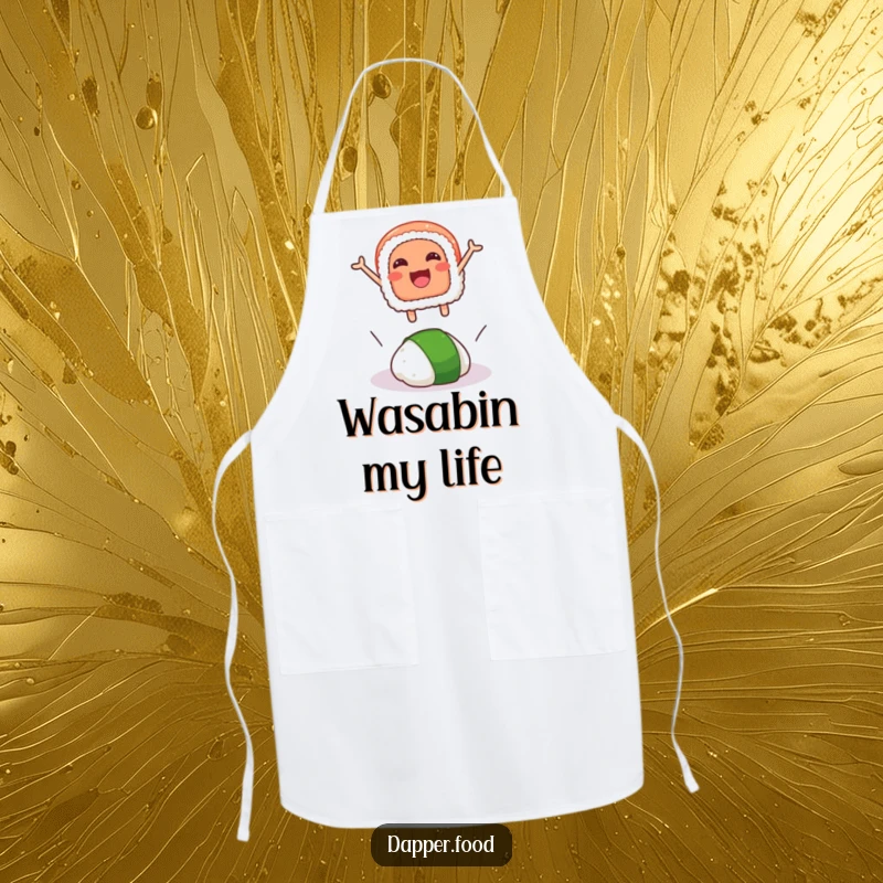 Funny apron print of a smiling sushi slice leaping over a rogue wasabi dollop, designed for humorous kitchen adventures.