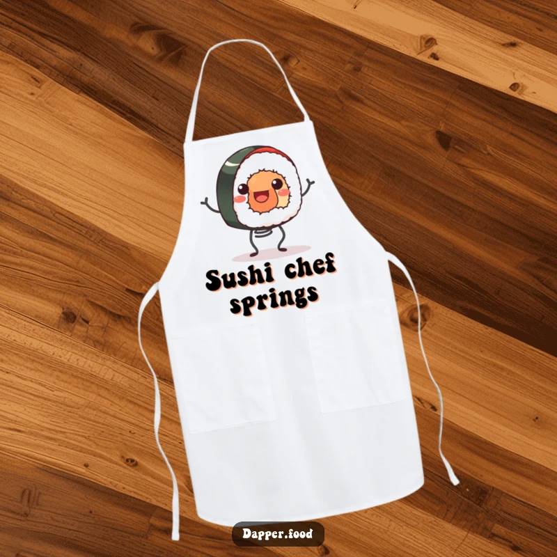Funny apron featuring a smiling sushi roll happily bouncing on tiny spring legs, for cooks who bring joy to the kitchen.