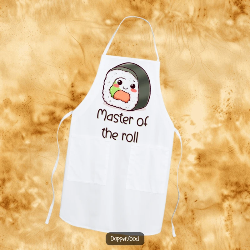 Funny Sushi Roll Apron: A smiling sushi character rolling joyfully, adding humor to kitchen tasks.
