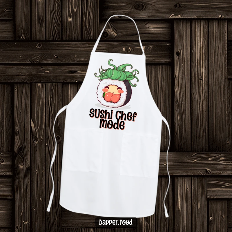 Funny apron featuring a cute sushi roll with seaweed hair, happily spinning, perfect for adding humor and flair to kitchen activities.