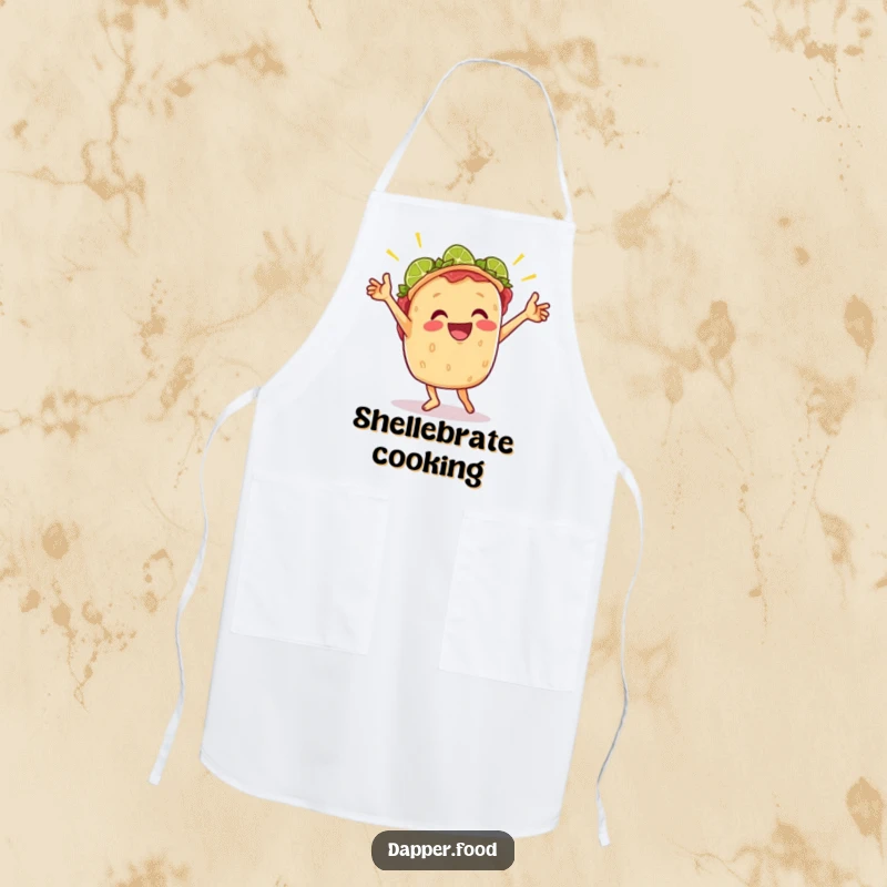 Funny apron print of a cheerful taco doing a lively victory dance with lime wedges, ideal for kitchen fiestas.