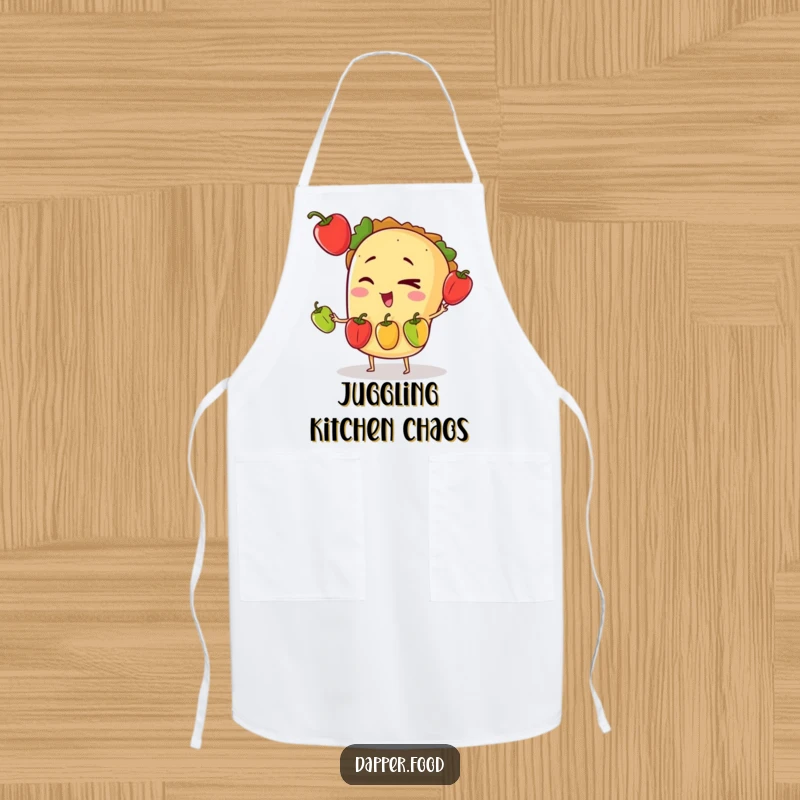 Funny apron showing a winking taco character expertly juggling three tiny bell peppers, ready to create culinary magic.