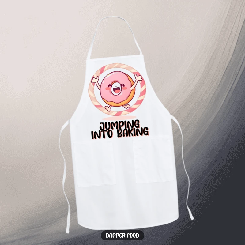 Funny donut apron, a gleeful pastry jumping through a candy hoop, ready to serve up some fun.