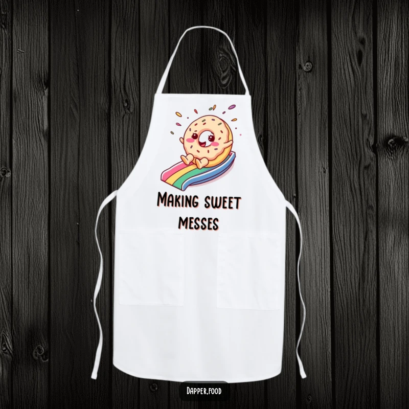 Funny apron showing a cheerful donut character with sprinkles flying as it slides down a rainbow, ideal for adding sweetness to cooking.