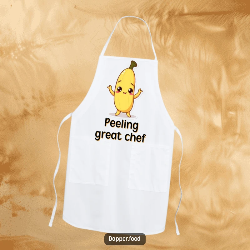 Funny Banana Apron showing a curious banana character with peel askew, striking a humorous pose, for a delightful and funny cooking experience.
