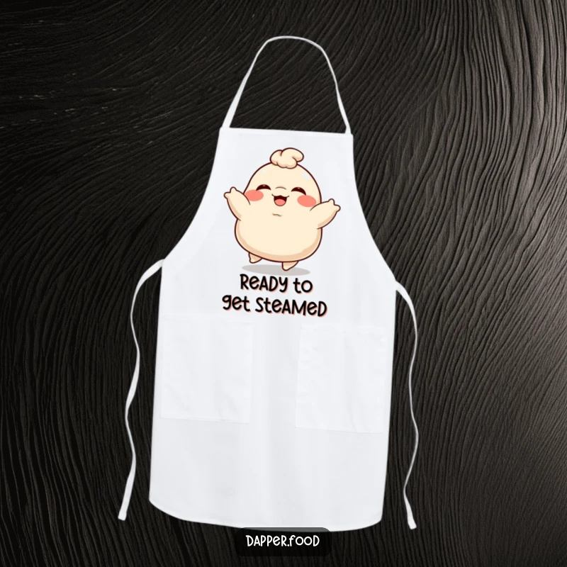 Funny Dumpling Apron: A plump, giggling dumpling character bouncing with delight, adding humor to kitchen duties.