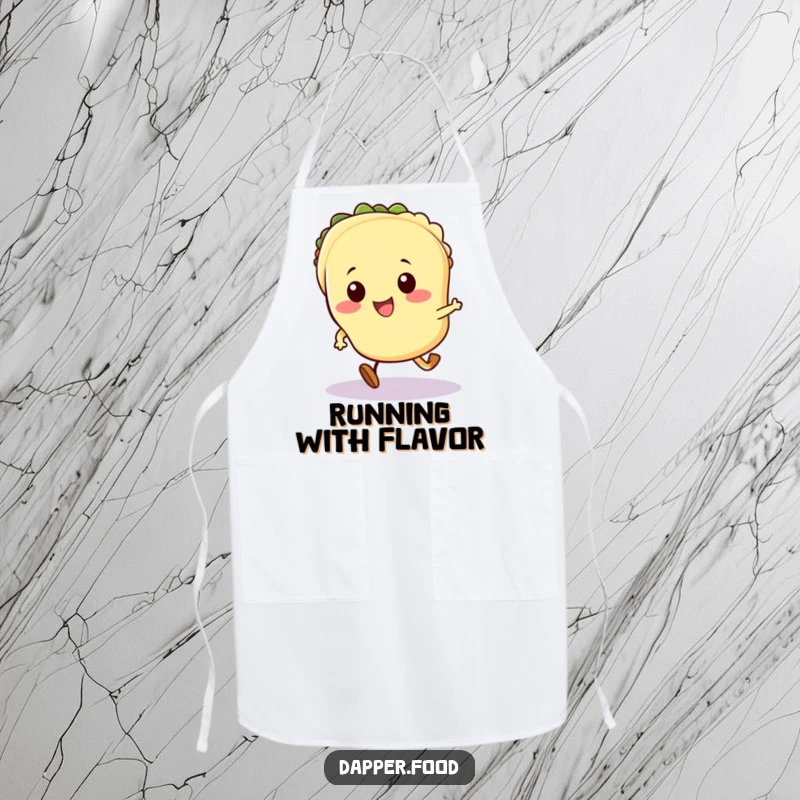 Funny Kawaii taco apron showing a cute taco character with tiny legs running enthusiastically while cooking.