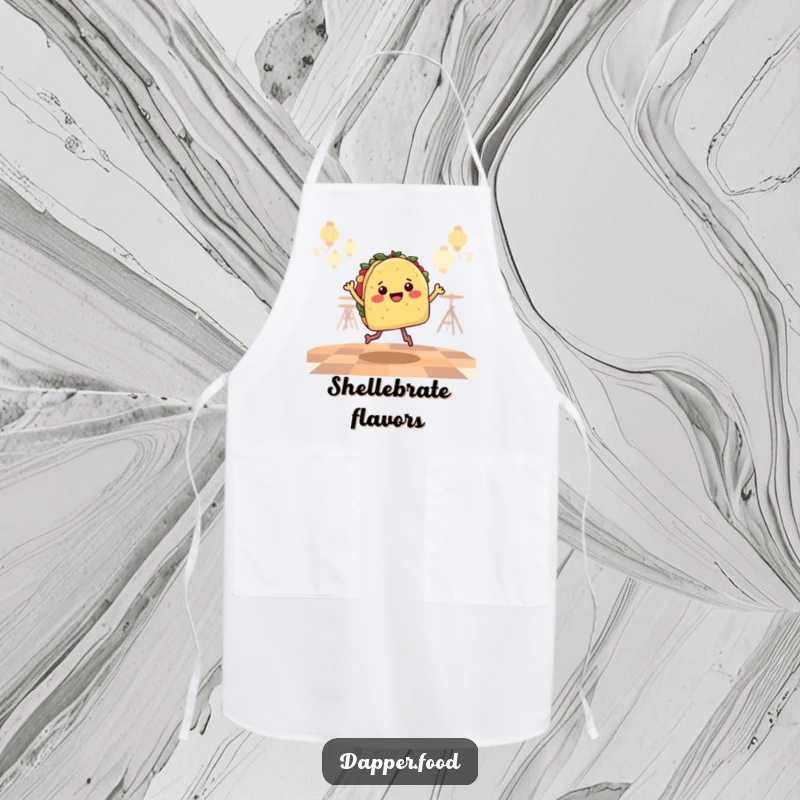 Funny Apron showing a happy taco character doing a salsa jig, ready for a lively cooking session.