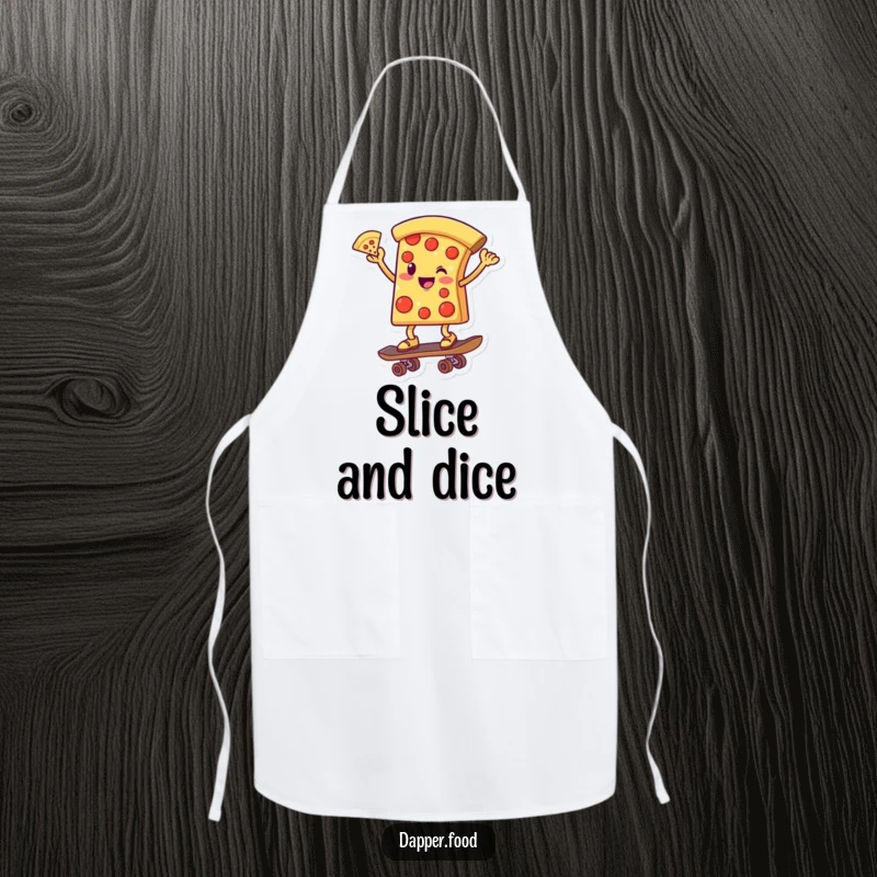 Funny apron showing a smiling pizza slice character balancing on a skateboard, ready to tackle any culinary challenge with a grin.