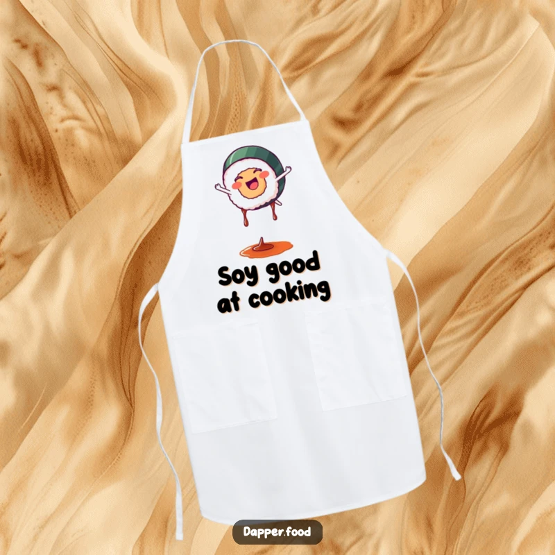 Funny sushi apron showing a happy sushi piece performing a cartwheel with soy sauce drips, a fun kitchen accessory.