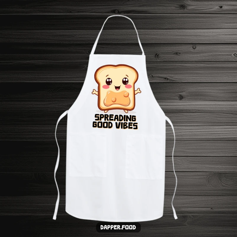 Funny Apron: A delighted piece of toast with eager eyes jumps energetically for a jelly jar, adding breakfast cheer to cooking.