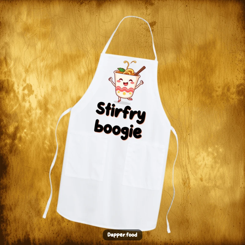 Funny apron with a smiling ramen cup character dancing with chopsticks, perfect for kitchen fun.