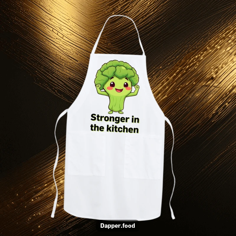 Funny Apron featuring a smiling broccoli character flexing miniature muscles, ready for a healthy cooking session.