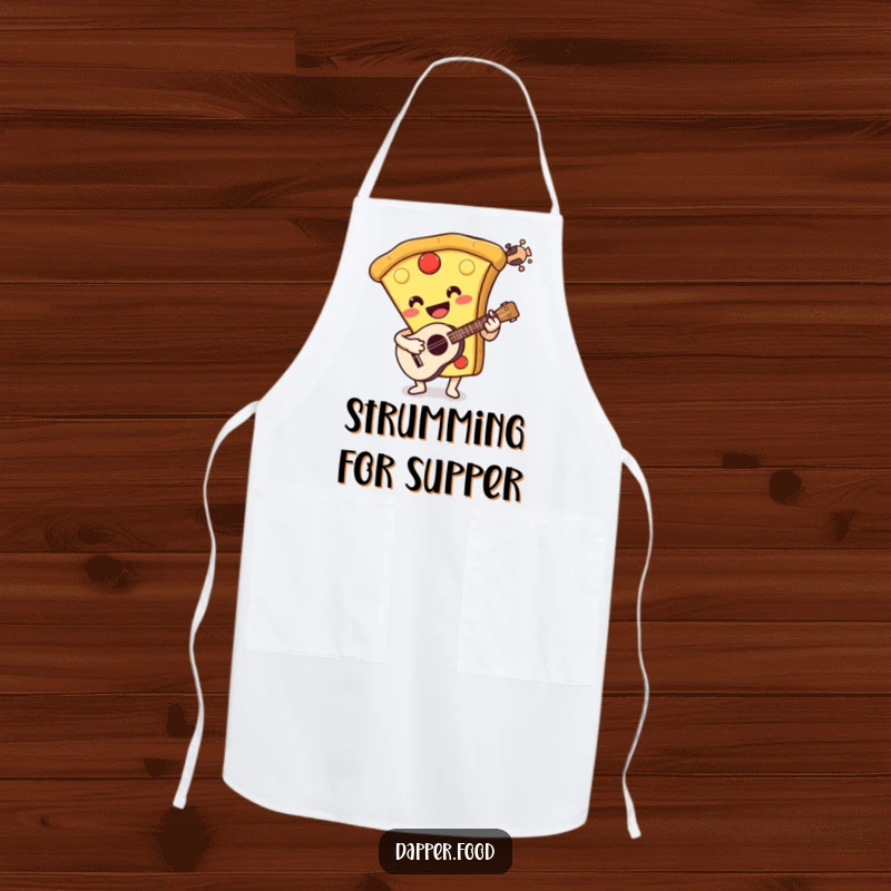 Funny apron showcasing a smiling pizza slice character playing a ukulele. Ideal for humorous kitchen performances and a great gift.