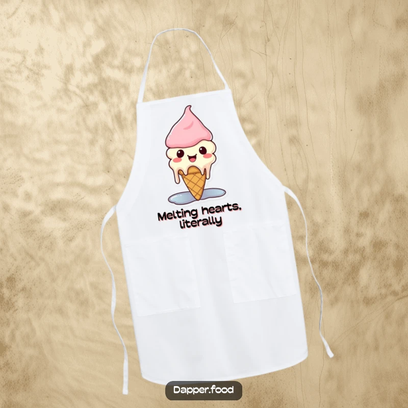 Funny Kawaii ice cream apron depicting a cute cone character melting with happiness while cooking.