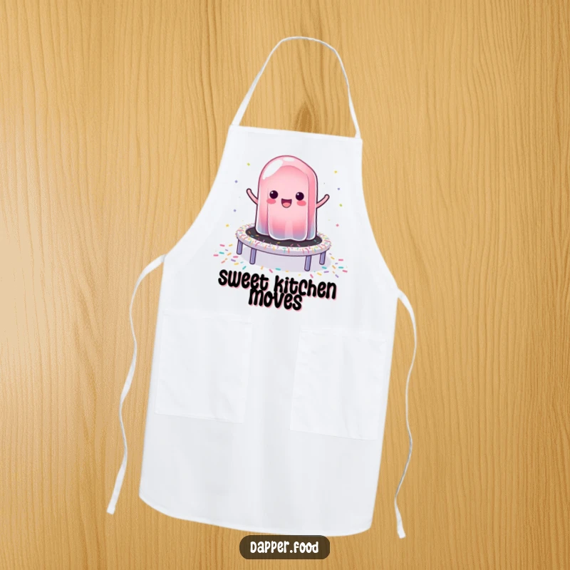 Funny apron print of a wobbly jelly happily bouncing on a sprinkle trampoline, designed for kitchen fun.